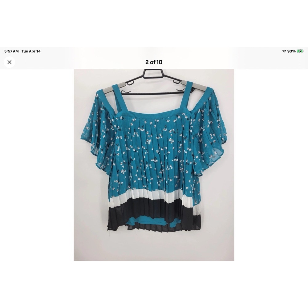 Lane Bryant Top Womens Plus 22 Teal Floral Cold Shoulder Pleated Contrast Trim - Picture 2 of 9